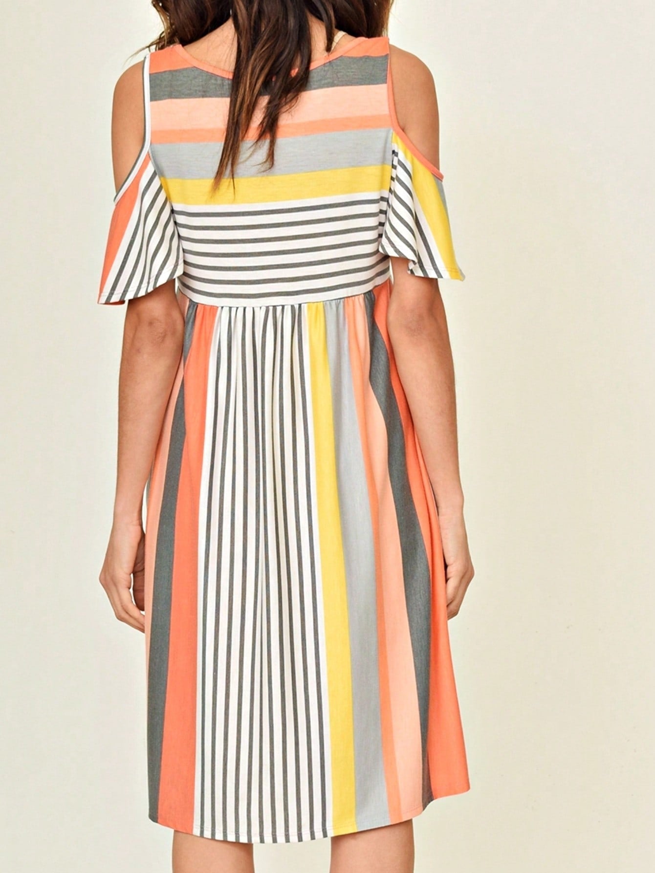 Boho Retro  Solid Stripe Ruffle Layered Sleeve Rayon  Tunic Mini Dress Flounce Sleeve