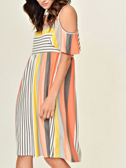 Boho Retro  Solid Stripe Ruffle Layered Sleeve Rayon  Tunic Mini Dress Flounce Sleeve