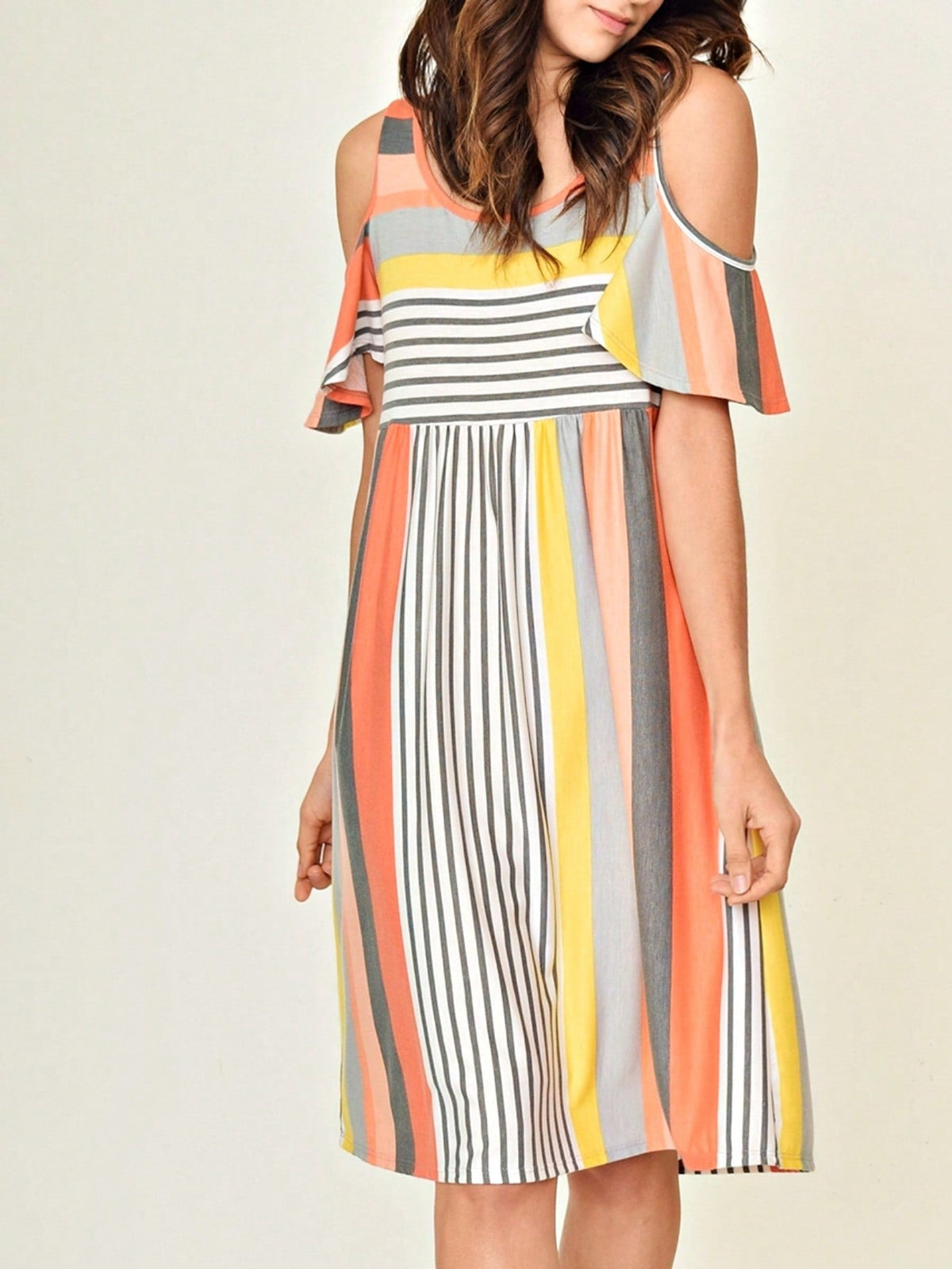 Boho Retro  Solid Stripe Ruffle Layered Sleeve Rayon  Tunic Mini Dress Flounce Sleeve