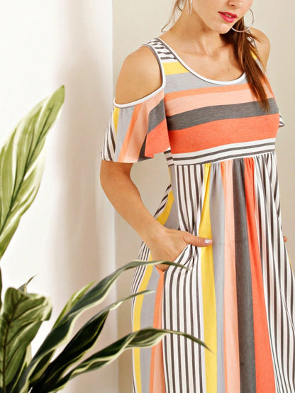 Boho Retro  Solid Stripe Ruffle Layered Sleeve Rayon  Tunic Mini Dress Flounce Sleeve