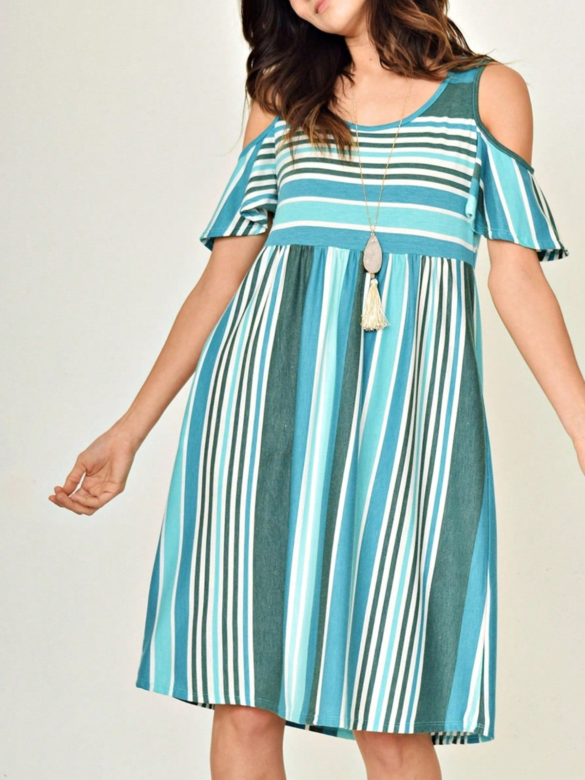 Boho Retro  Solid Stripe Ruffle Layered Sleeve Rayon  Tunic Mini Dress Flounce Sleeve