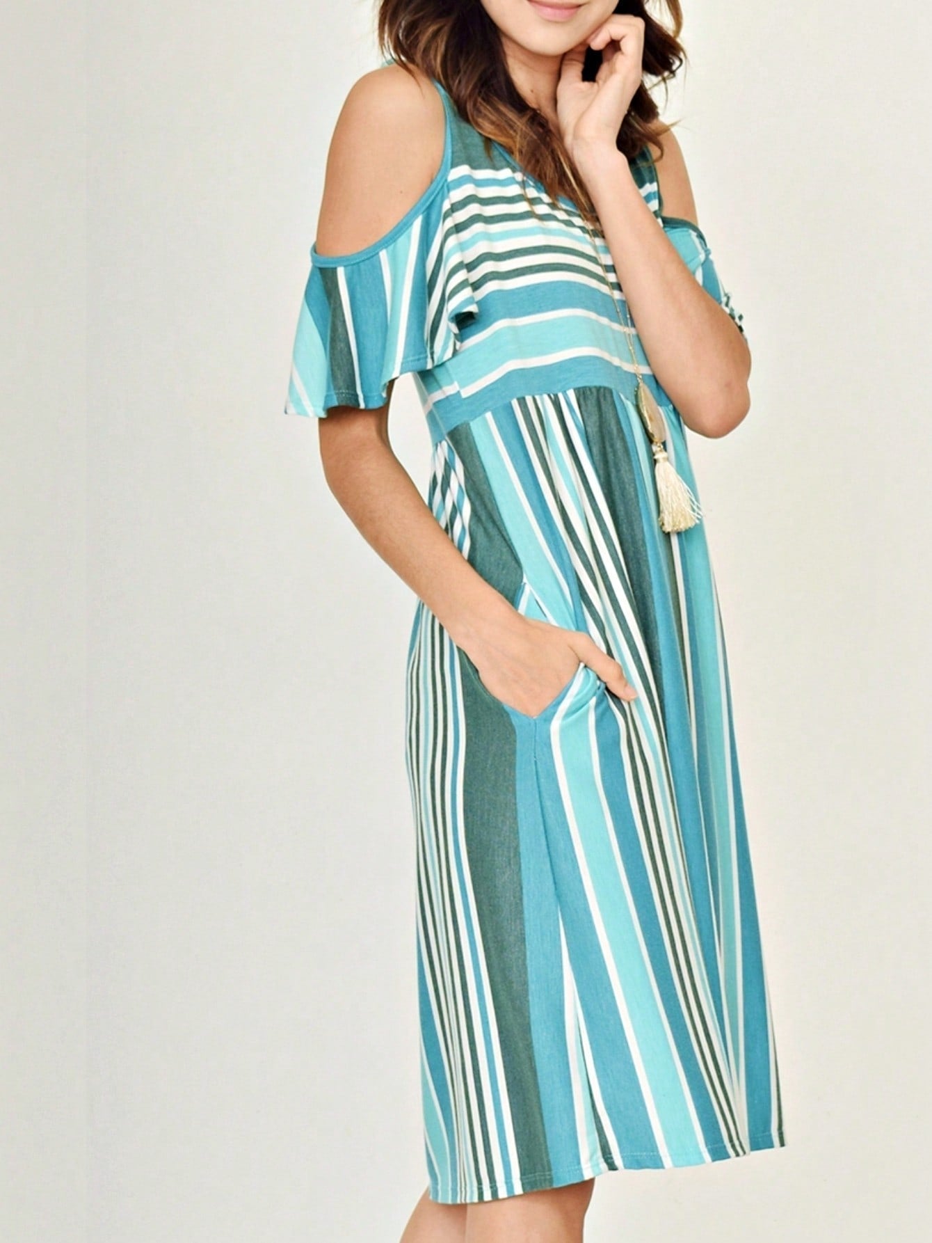 Boho Retro  Solid Stripe Ruffle Layered Sleeve Rayon  Tunic Mini Dress Flounce Sleeve
