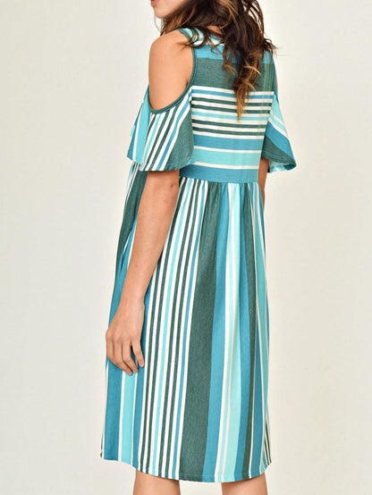 Boho Retro  Solid Stripe Ruffle Layered Sleeve Rayon  Tunic Mini Dress Flounce Sleeve