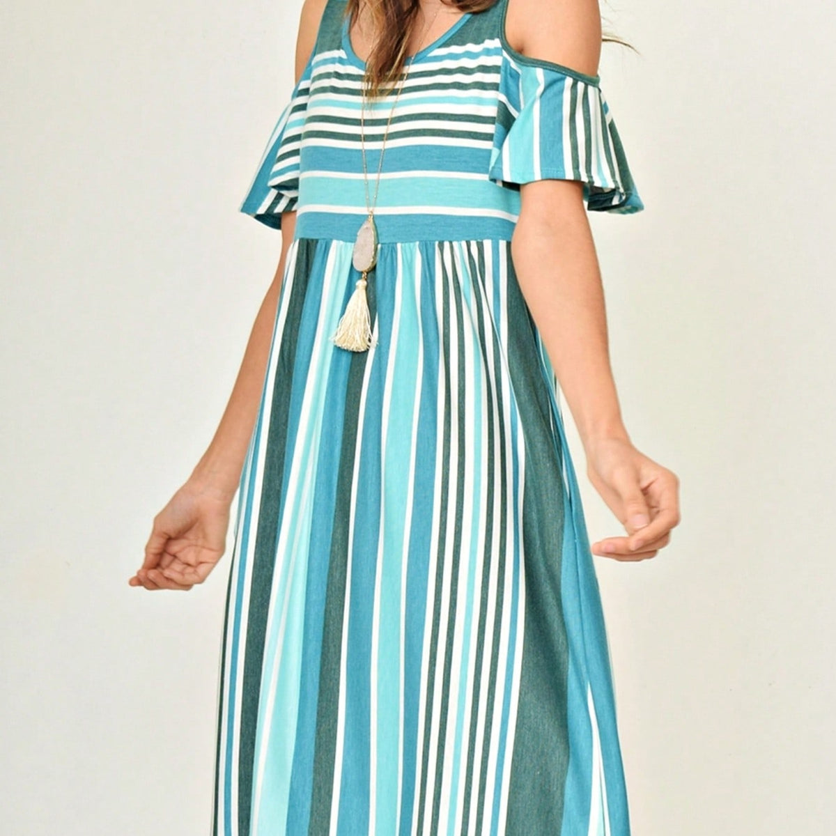 Boho Retro  Solid Stripe Ruffle Layered Sleeve Rayon  Tunic Mini Dress Flounce Sleeve