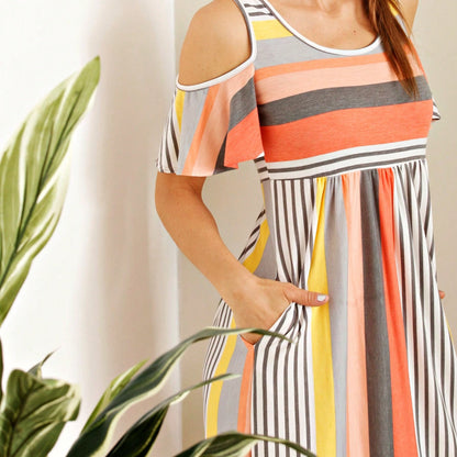 Boho Retro  Solid Stripe Ruffle Layered Sleeve Rayon  Tunic Mini Dress Flounce Sleeve