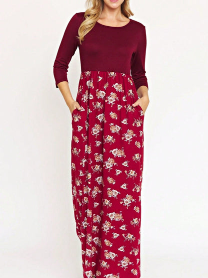 Boho Retro Multi Ditsy Floral Stripe Blue Charcoal Black Coral Short Sleeve Maxi Long Dress With Pocket | S-3X