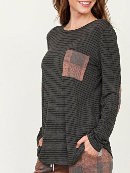 Boho Retro 60's Vintage Tulip Petal Hem Contrast Binding Brushed Soft Stripe Raglan Sleeve Tunic Top