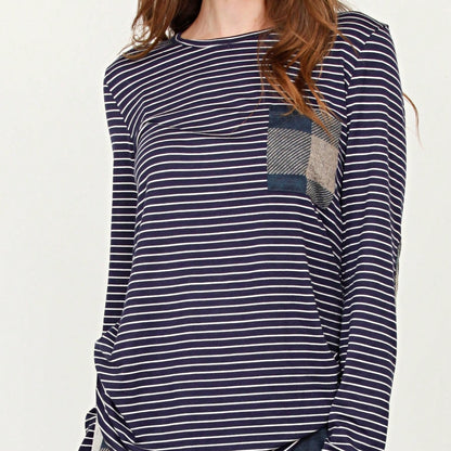 Boho Retro 60's Vintage Tulip Petal Hem Contrast Binding Brushed Soft Stripe Raglan Sleeve Tunic Top