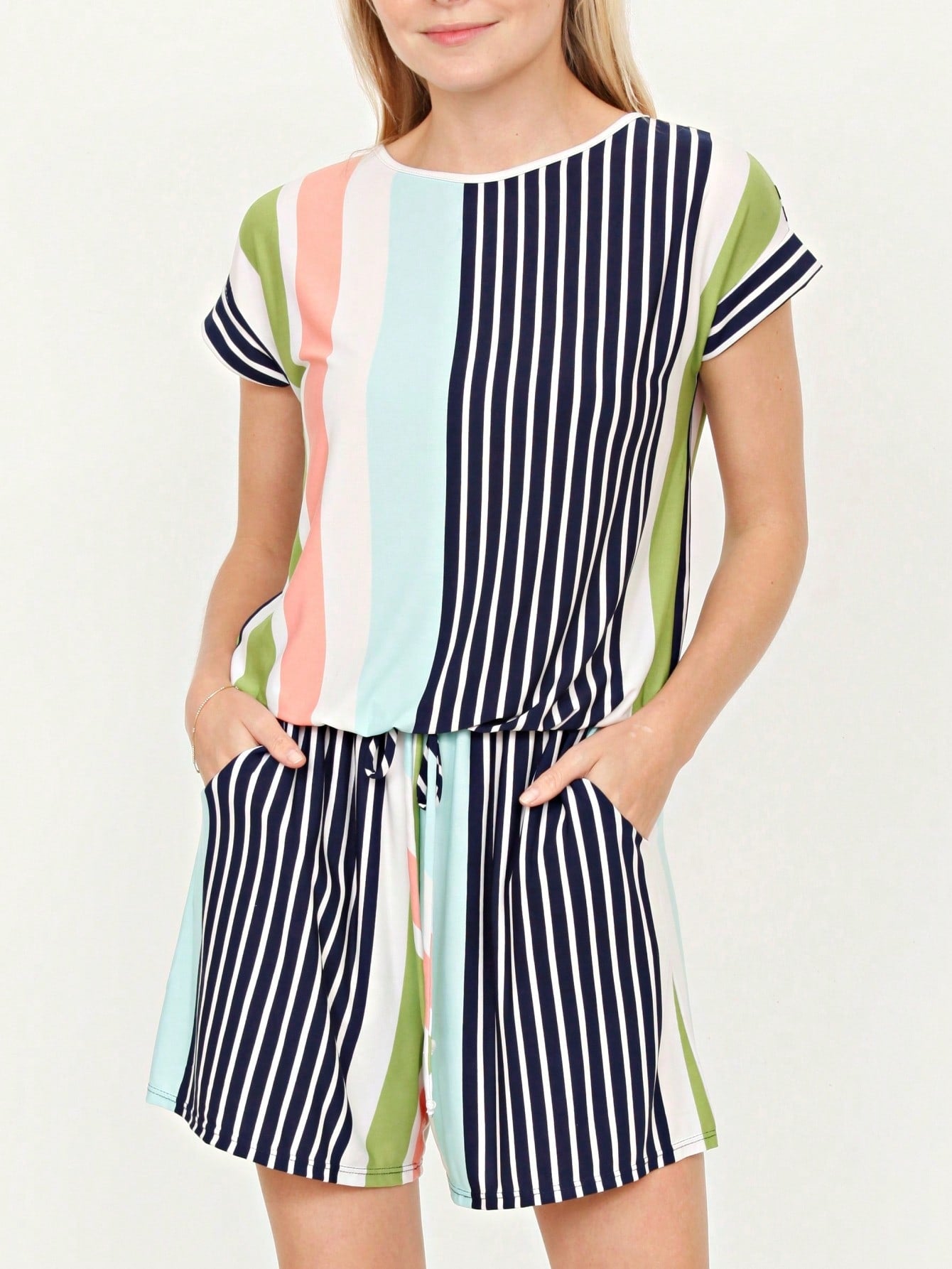 Boho Casual Green Navy Blue Tank Cami Romper Short Sleeve Double Pockets