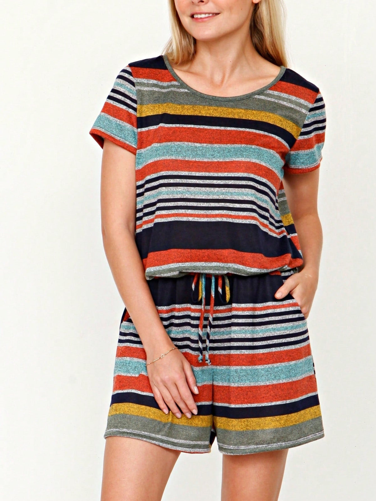 Boho Casual Green Navy Blue Tank Cami Romper Short Sleeve Double Pockets