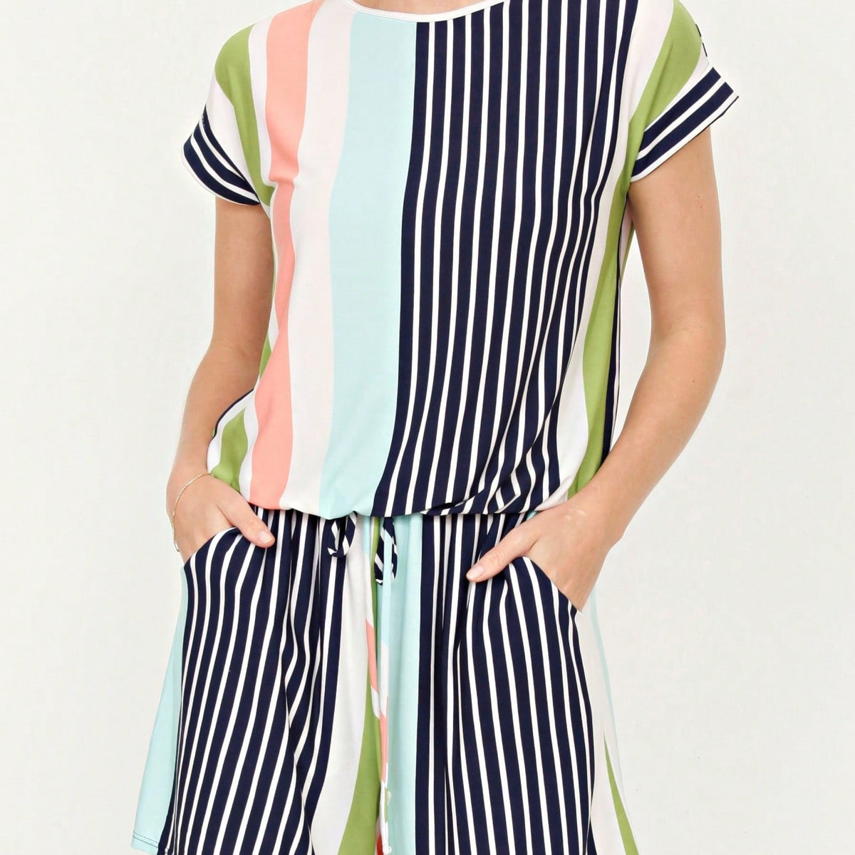 Boho Casual Green Navy Blue Tank Cami Romper Short Sleeve Double Pockets