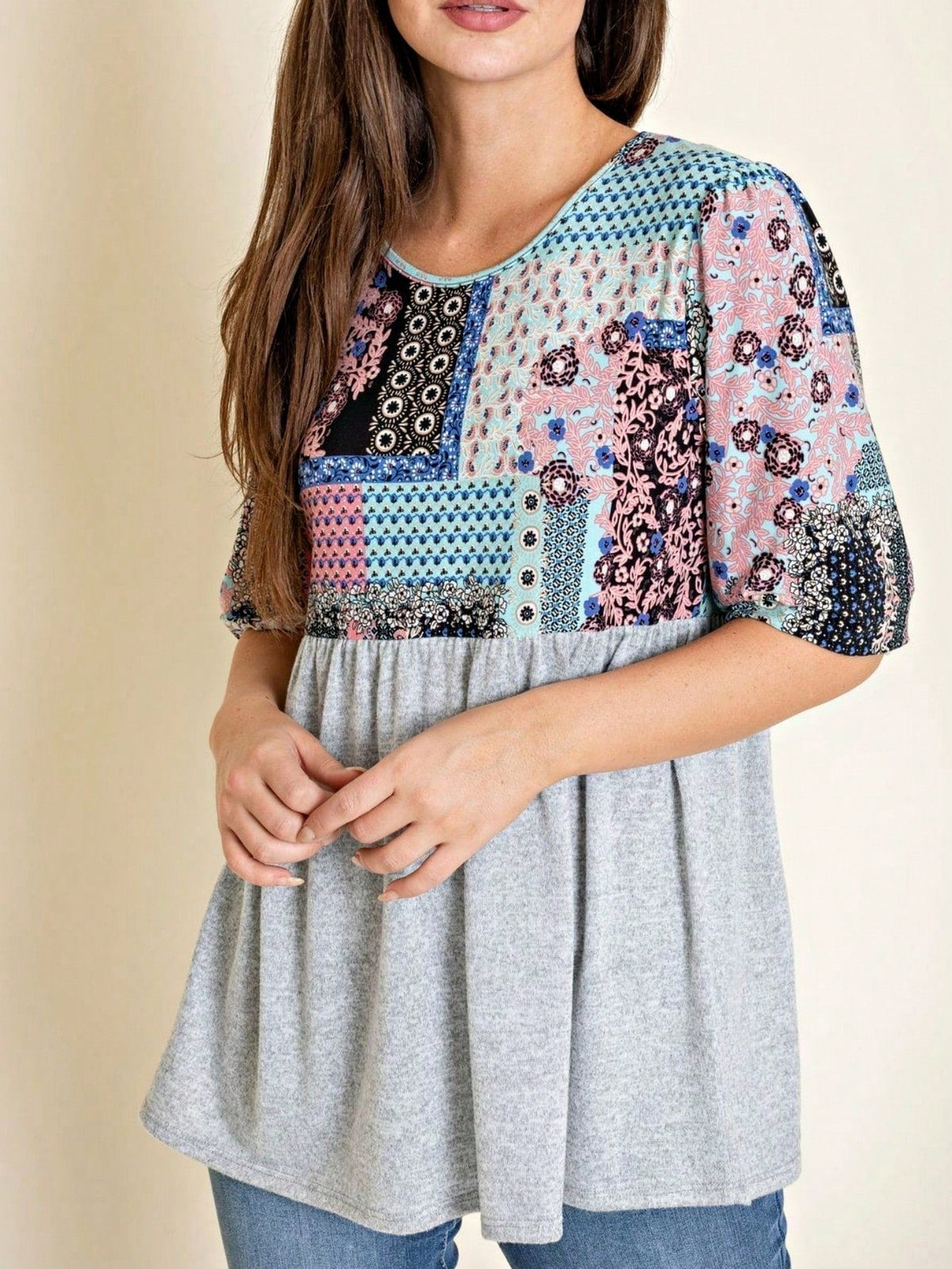 Boho Retro Baby Doll Ivory Navy Blue Floral Color Block Tunic Top Shirt