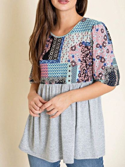 Boho Retro Baby Doll Ivory Navy Blue Floral Color Block Tunic Top Shirt