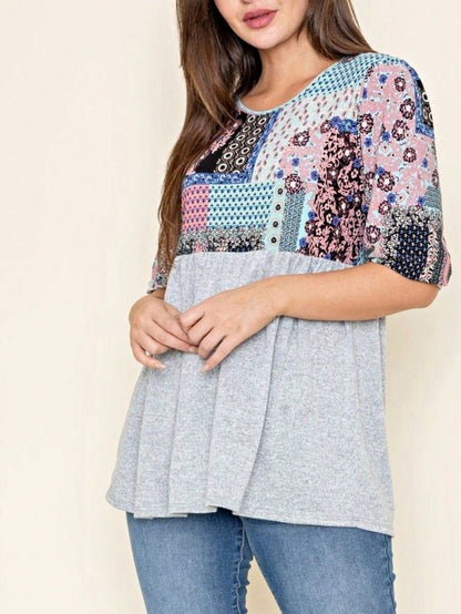 Boho Retro Baby Doll Ivory Navy Blue Floral Color Block Tunic Top Shirt