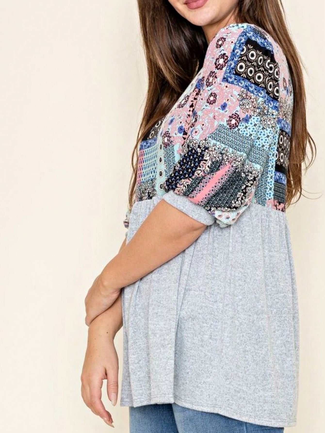 Boho Retro Baby Doll Ivory Navy Blue Floral Color Block Tunic Top Shirt