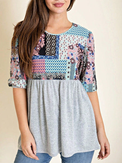 Boho Retro Baby Doll Ivory Navy Blue Floral Color Block Tunic Top Shirt