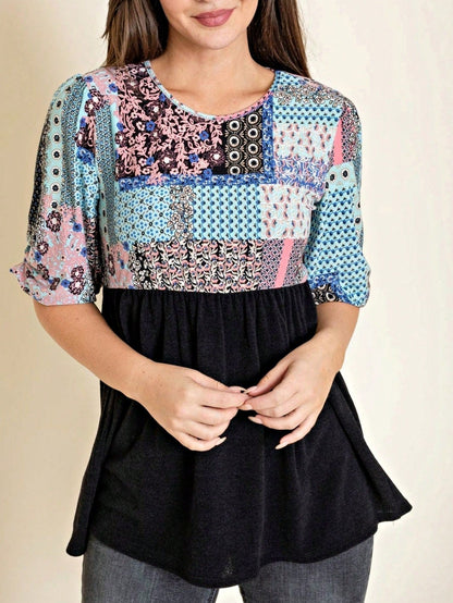 Boho Retro Baby Doll Ivory Navy Blue Floral Color Block Tunic Top Shirt