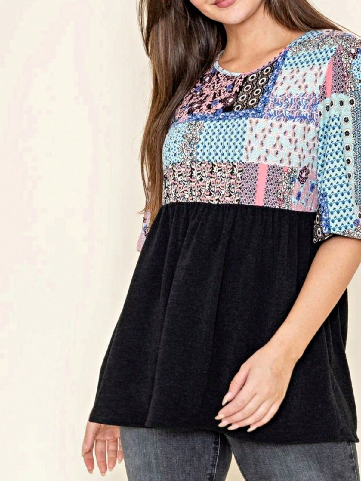 Boho Retro Baby Doll Ivory Navy Blue Floral Color Block Tunic Top Shirt