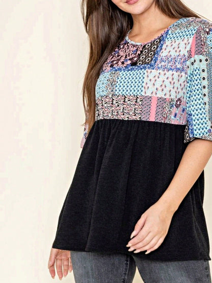 Boho Retro Baby Doll Ivory Navy Blue Floral Color Block Tunic Top Shirt