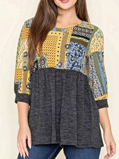 Boho Retro Baby Doll Ivory Navy Blue Floral Color Block Tunic Top Shirt