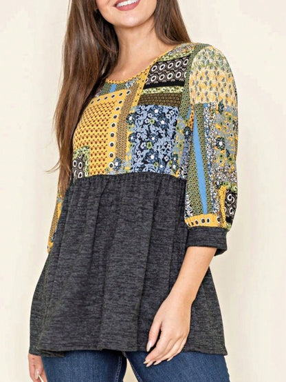 Boho Retro Baby Doll Ivory Navy Blue Floral Color Block Tunic Top Shirt