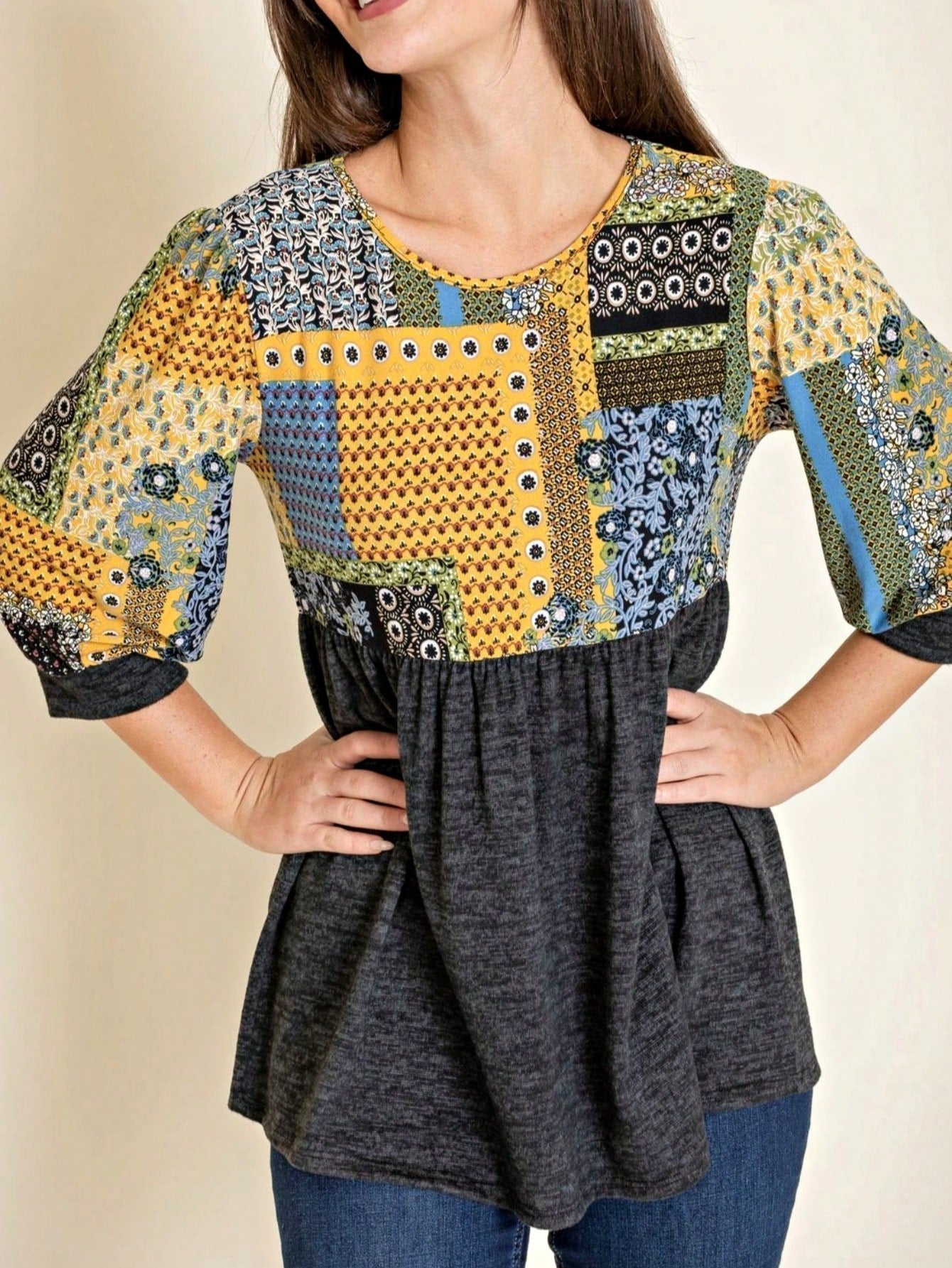 Boho Retro Baby Doll Ivory Navy Blue Floral Color Block Tunic Top Shirt