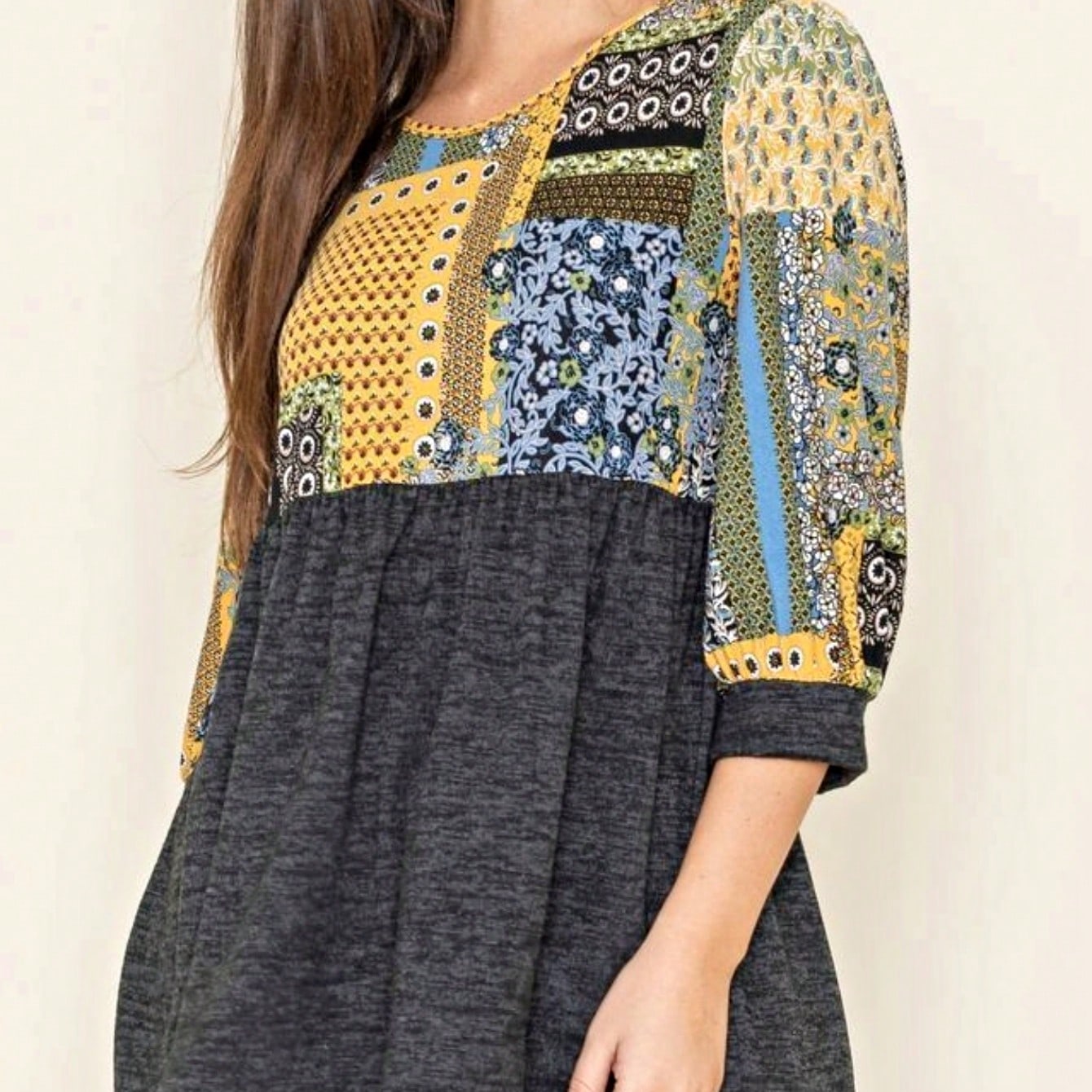 Boho Retro Baby Doll Ivory Navy Blue Floral Color Block Tunic Top Shirt