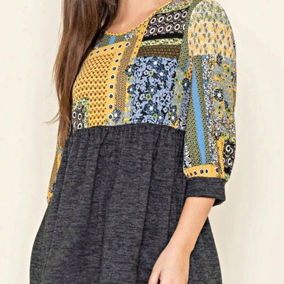 Boho Retro Baby Doll Ivory Navy Blue Floral Color Block Tunic Top Shirt