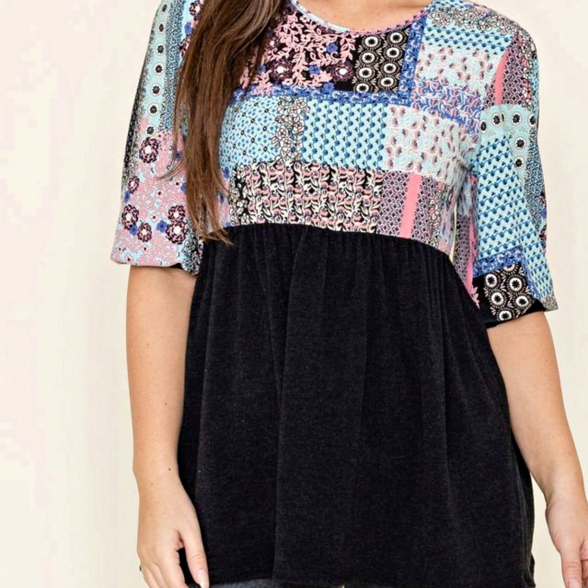 Boho Retro Baby Doll Ivory Navy Blue Floral Color Block Tunic Top Shirt