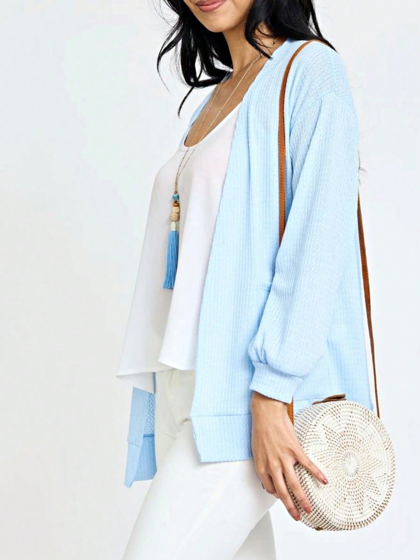 Boho Vintage Stripe Grey Violet Light Weight Three Quarter Sleeve  Knit Slouch Kimono Cardigan