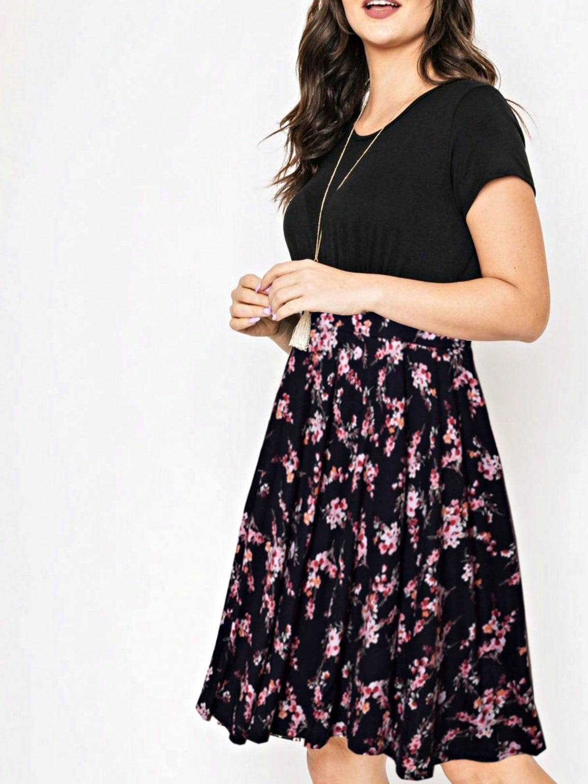 Contrast Mixed Ditsy Print Ruffled Hem Tiered Knee Length T Shirt Dress | S To 3X Plus