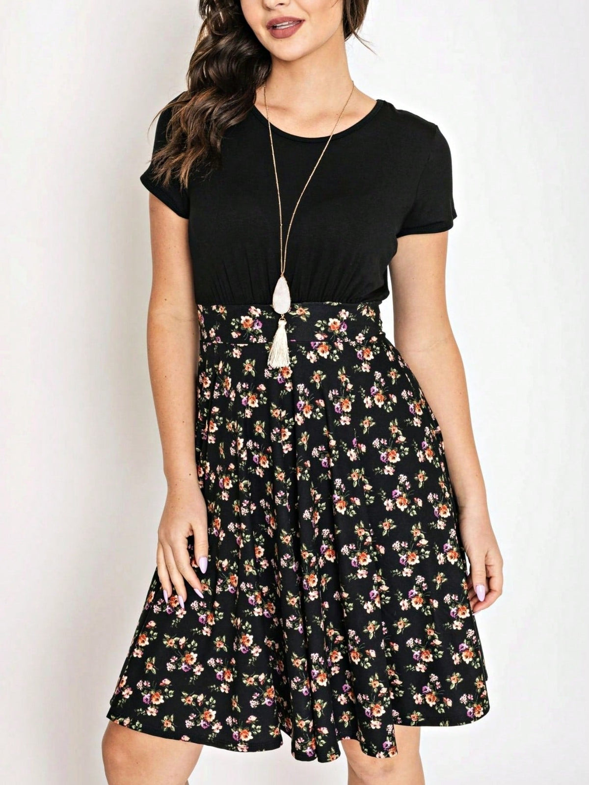 Contrast Mixed Ditsy Print Ruffled Hem Tiered Knee Length T Shirt Dress | S To 3X Plus