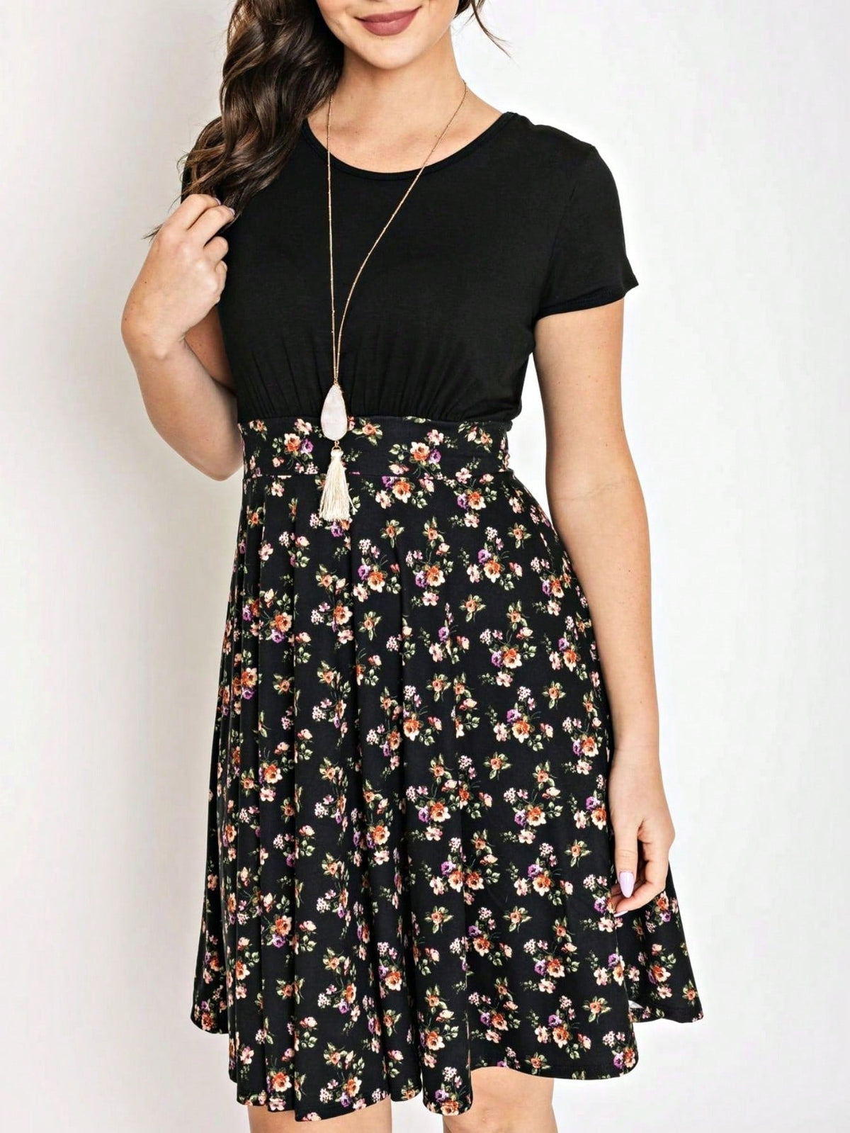Contrast Mixed Ditsy Print Ruffled Hem Tiered Knee Length T Shirt Dress | S To 3X Plus
