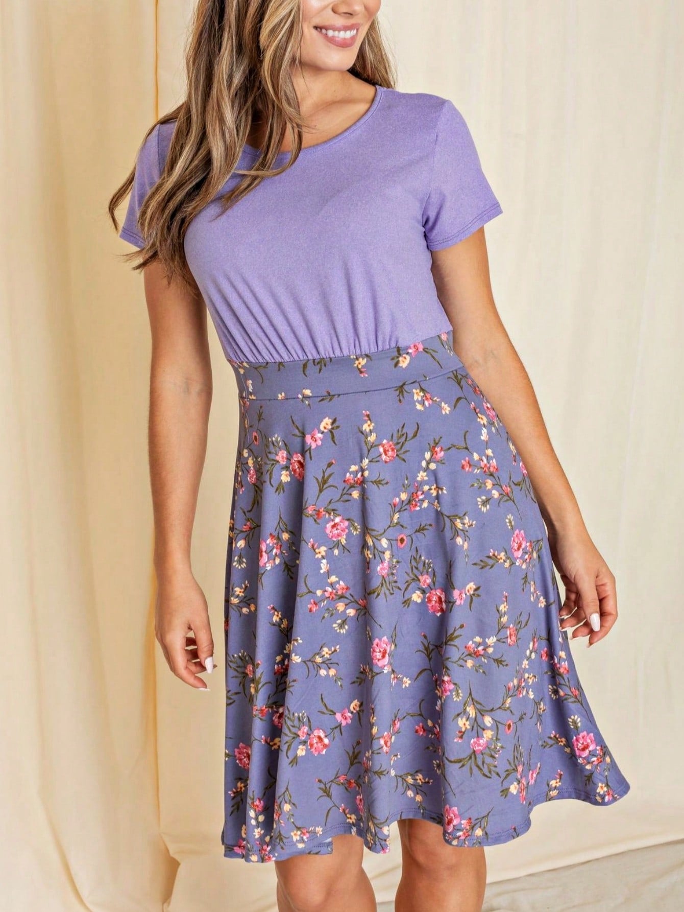 Contrast Mixed Ditsy Print Ruffled Hem Tiered Knee Length T Shirt Dress | S To 3X Plus