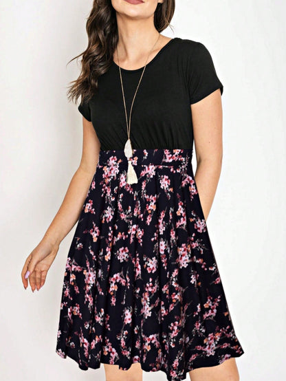 Contrast Mixed Ditsy Print Ruffled Hem Tiered Knee Length T Shirt Dress | S To 3X Plus