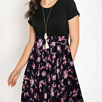 Contrast Mixed Ditsy Print Ruffled Hem Tiered Knee Length T Shirt Dress | S To 3X Plus