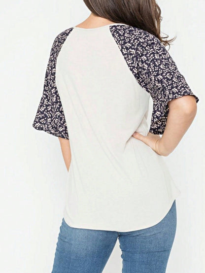 Boho Retro Yellow Mint Blue Ditsy Grey Stripe Color Block Flounce Tiered Raglan Sleeve Top Shirt Blouse | Small-3 XL