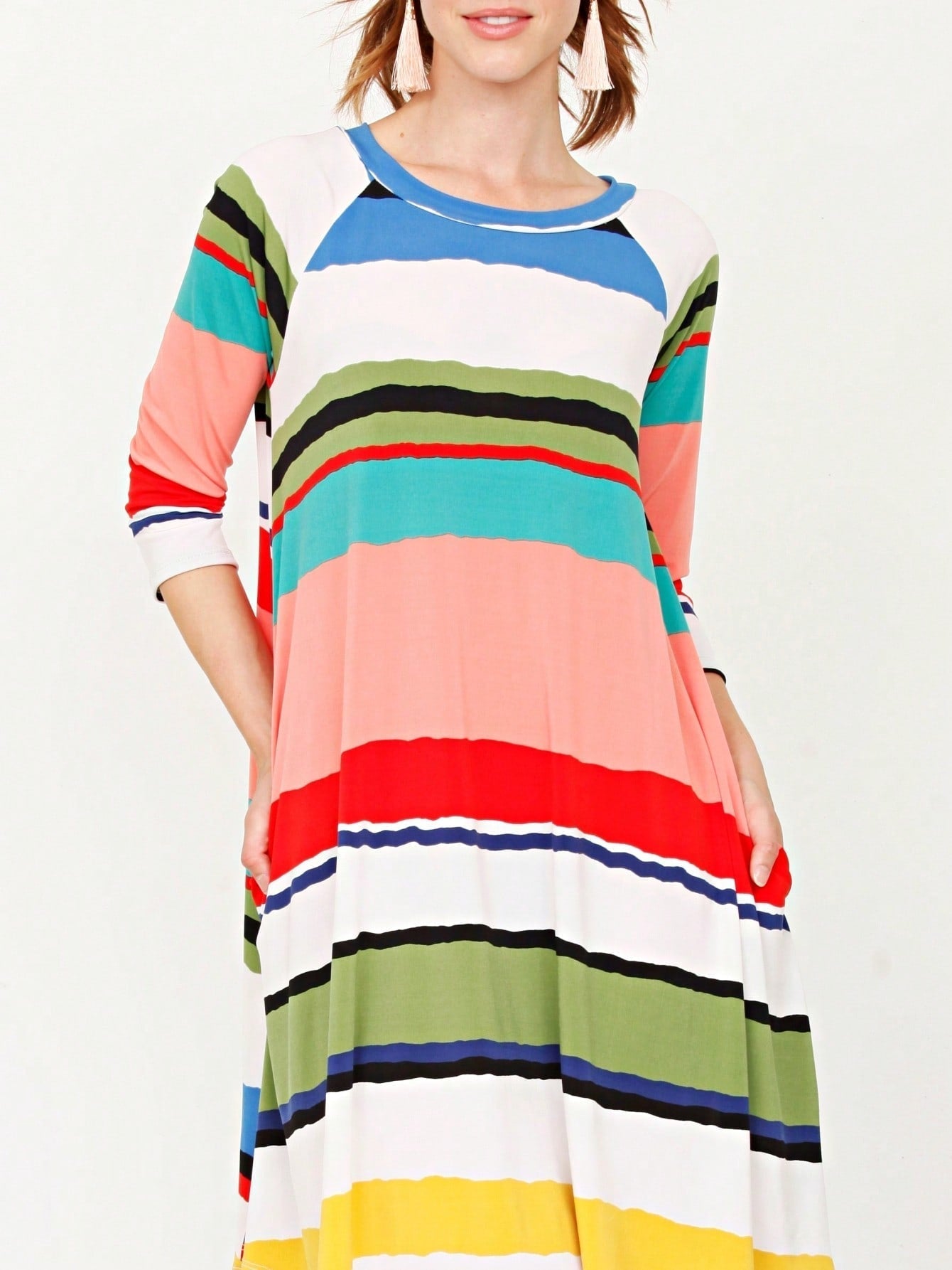 Boho Retro Stripe Pink Tassel Rayon Cool Smooth Soft Tunic Dress Top Shirt Blouse
