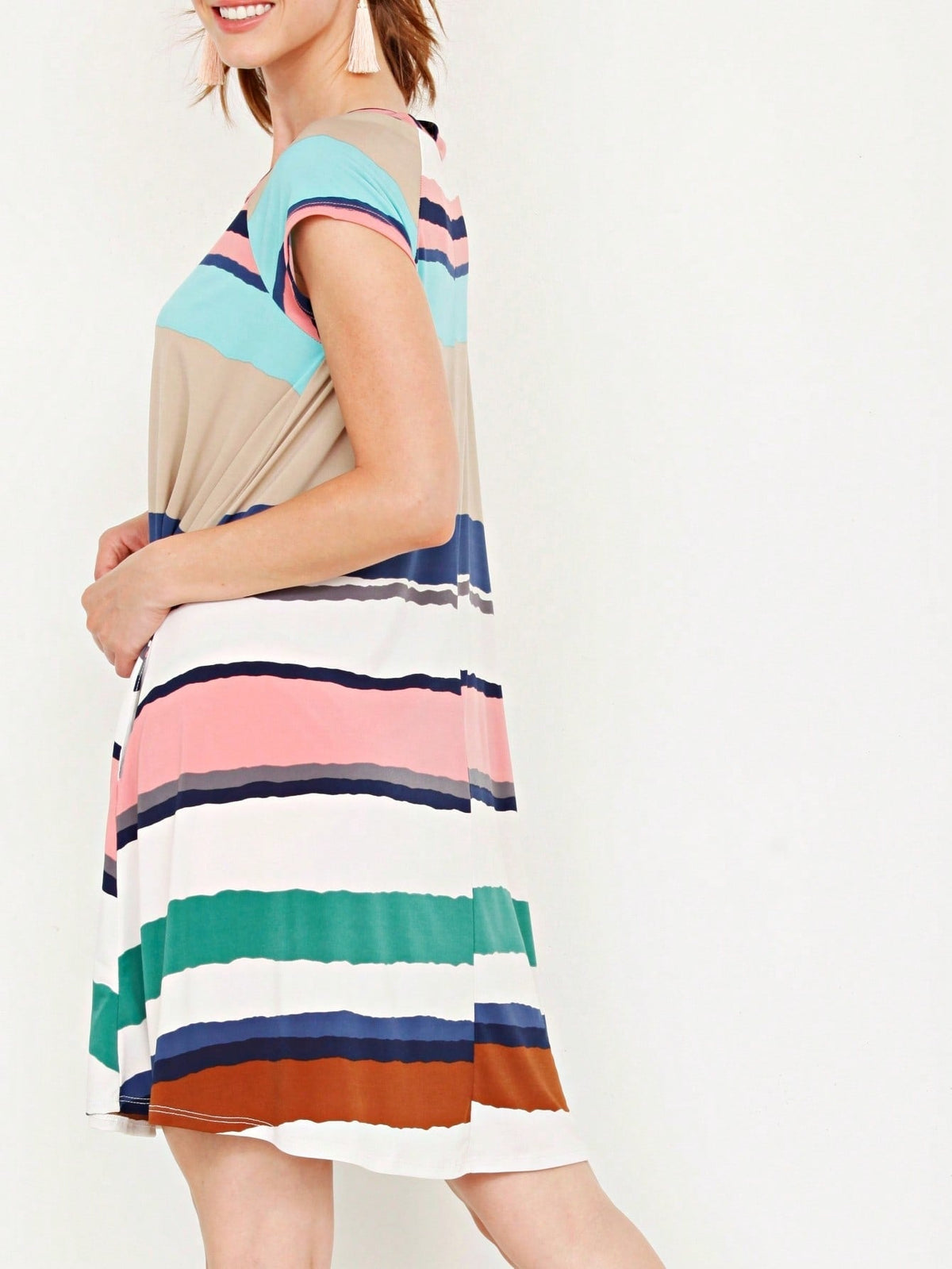 Boho Retro Stripe Pink Tassel Rayon Cool Smooth Soft Tunic Dress Top Shirt Blouse