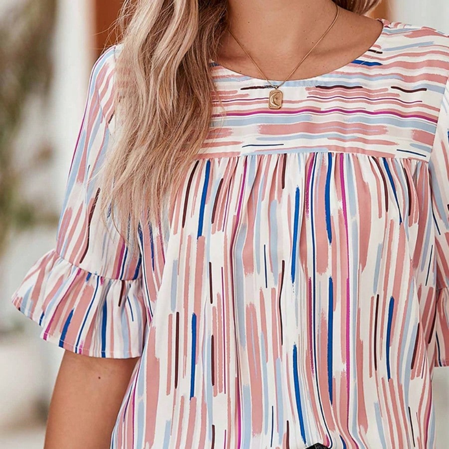 Boho Retro Vintage 60's Vibe Rose  Abstract Print Shirred Mock Button Neck Lantern Puff Bubble Sleeve Top Shirt Blouse