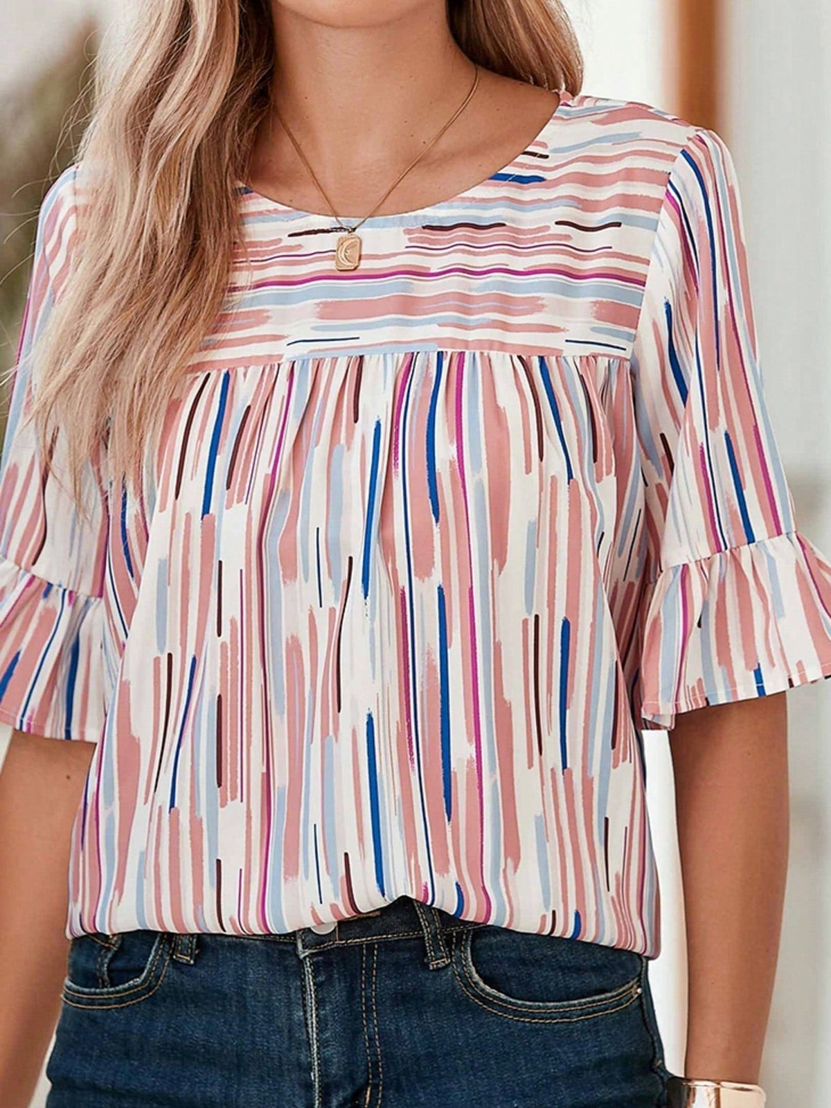 Boho Retro Vintage 60's Vibe Rose  Abstract Print Shirred Mock Button Neck Lantern Puff Bubble Sleeve Top Shirt Blouse