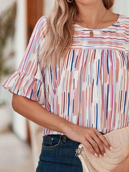 Boho Retro Vintage 60's Vibe Rose  Abstract Print Shirred Mock Button Neck Lantern Puff Bubble Sleeve Top Shirt Blouse
