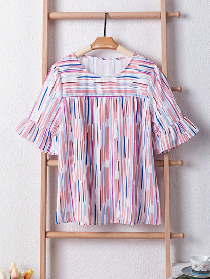 Boho Retro Vintage 60's Vibe Rose  Abstract Print Shirred Mock Button Neck Lantern Puff Bubble Sleeve Top Shirt Blouse