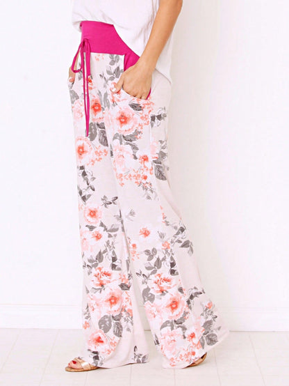 Floral Drawstring Fold Over Band Wide Leg Lounge Pants