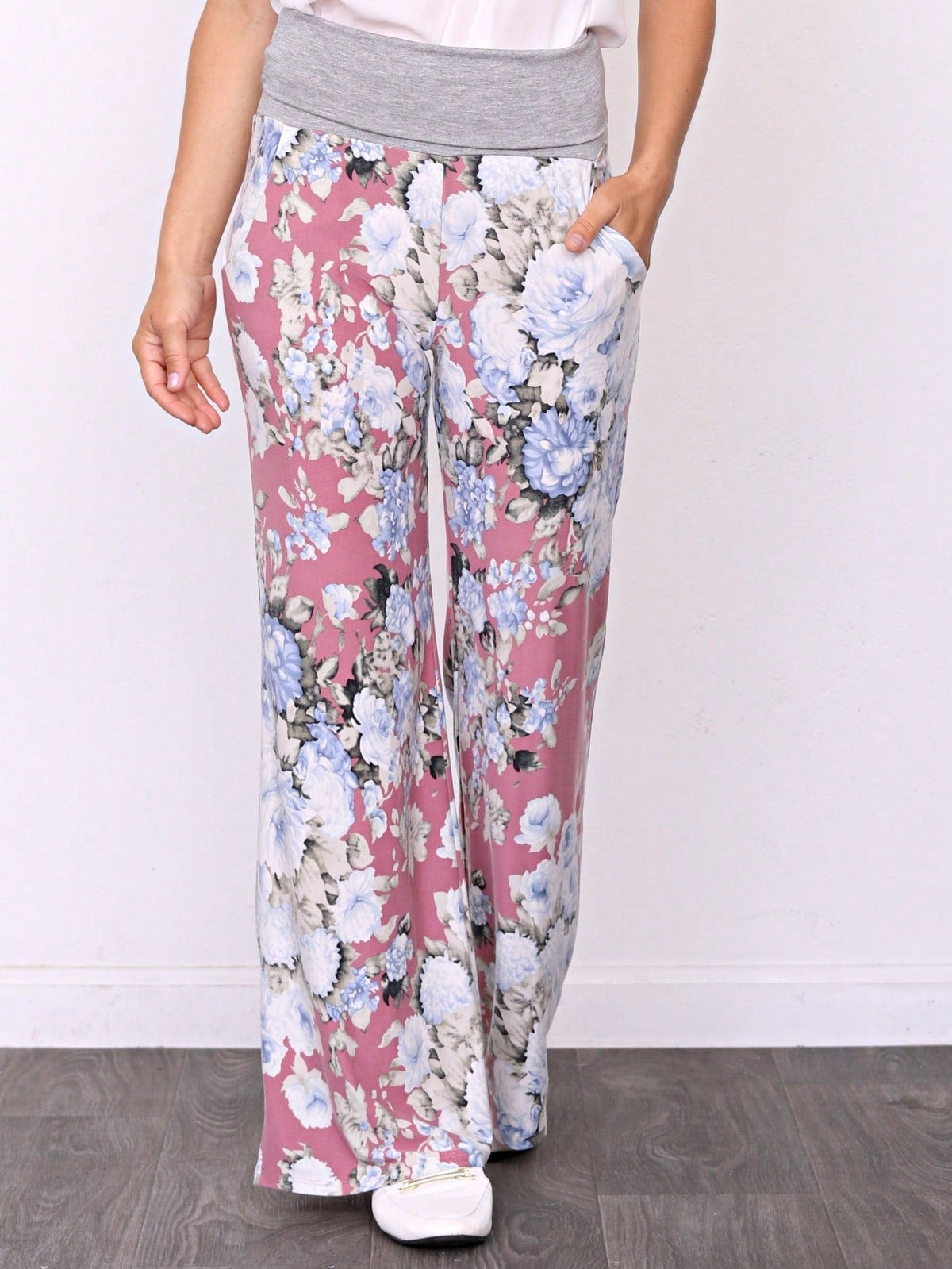 Floral Drawstring Fold Over Band Wide Leg Lounge Pants