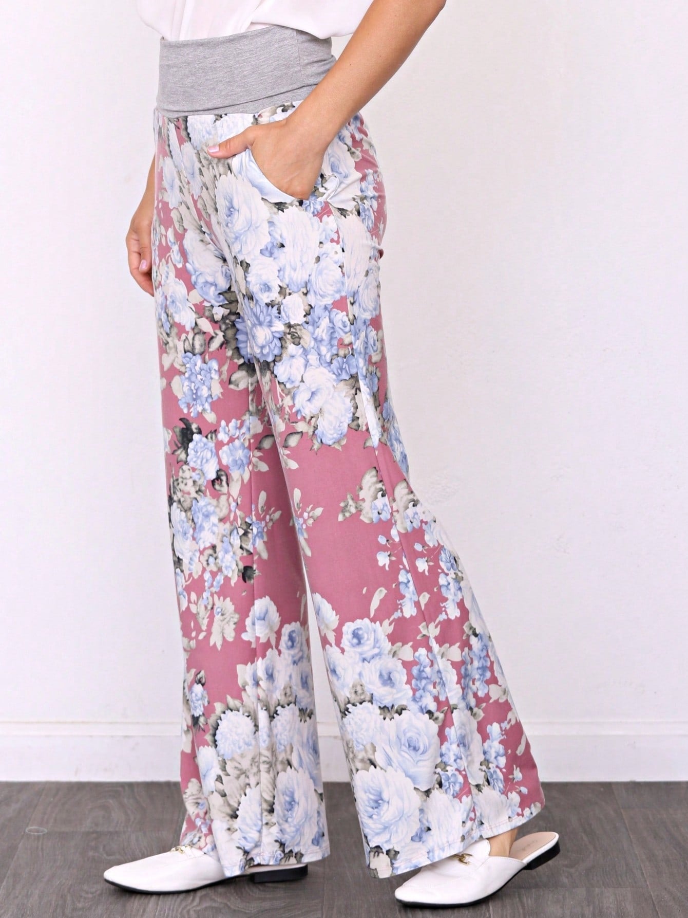 Floral Drawstring Fold Over Band Wide Leg Lounge Pants