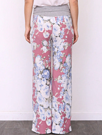Floral Drawstring Fold Over Band Wide Leg Lounge Pants