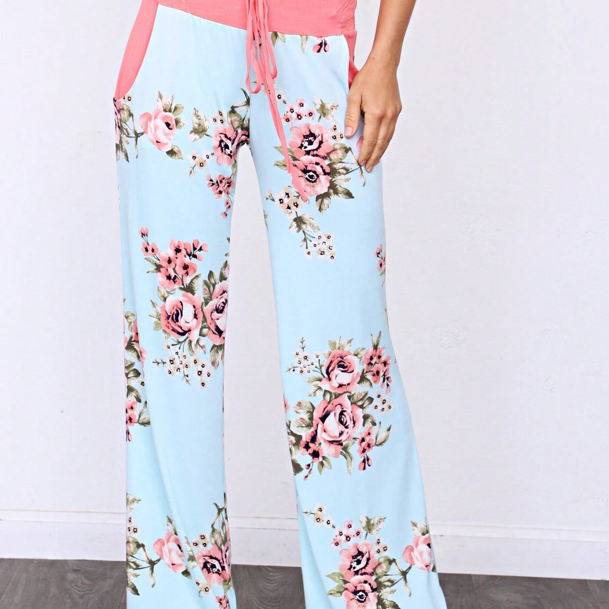 Floral Drawstring Fold Over Band Wide Leg Lounge Pants