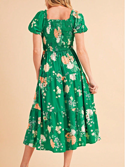 Boho Retro  Viscose Y2K Tiered Puff Sleeve Green Floral Classic Smocked Midi Dress