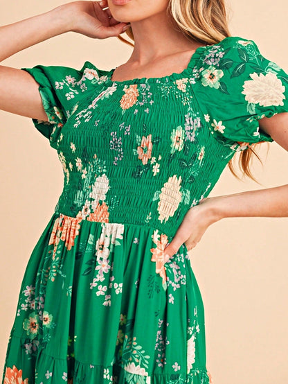 Boho Retro  Viscose Y2K Tiered Puff Sleeve Green Floral Classic Smocked Midi Dress